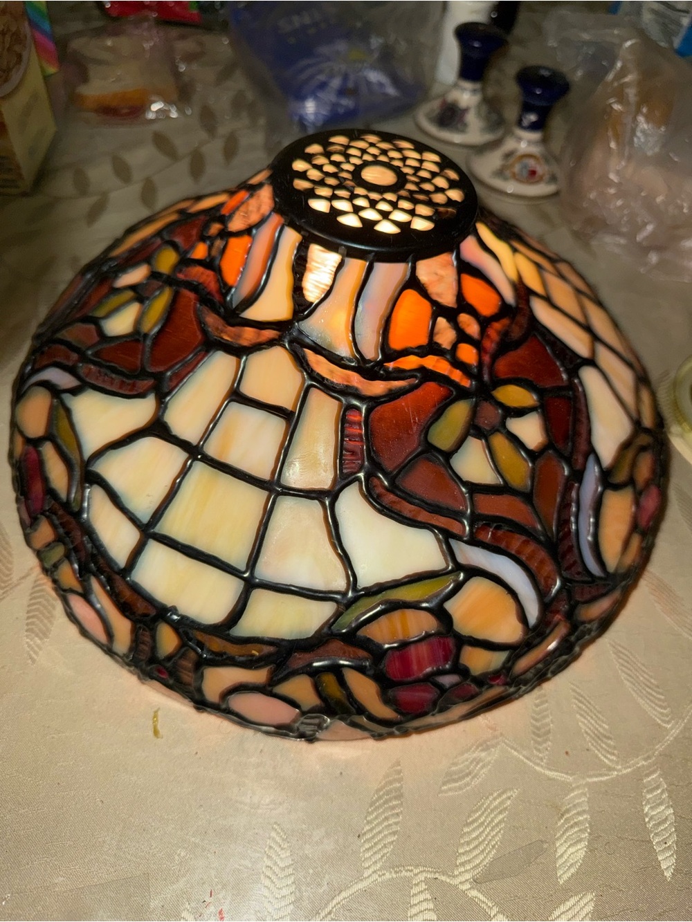 Stained Glass Table Lamp Shade in Cream and Amber - for the ceiling